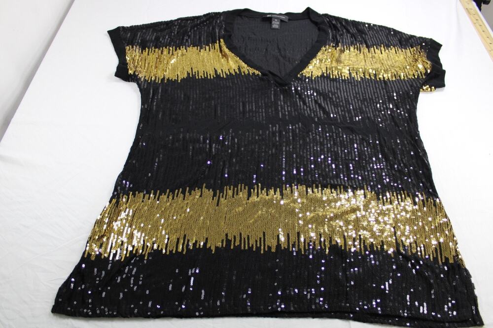 INC International Concepts Women's XL Sequin Tunic Top Black Gold V-Neck Party